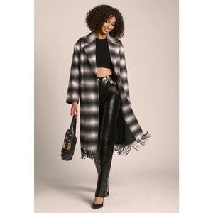 New Avec Les Filles Plaid Fringe Relaxed Coat Black White XS